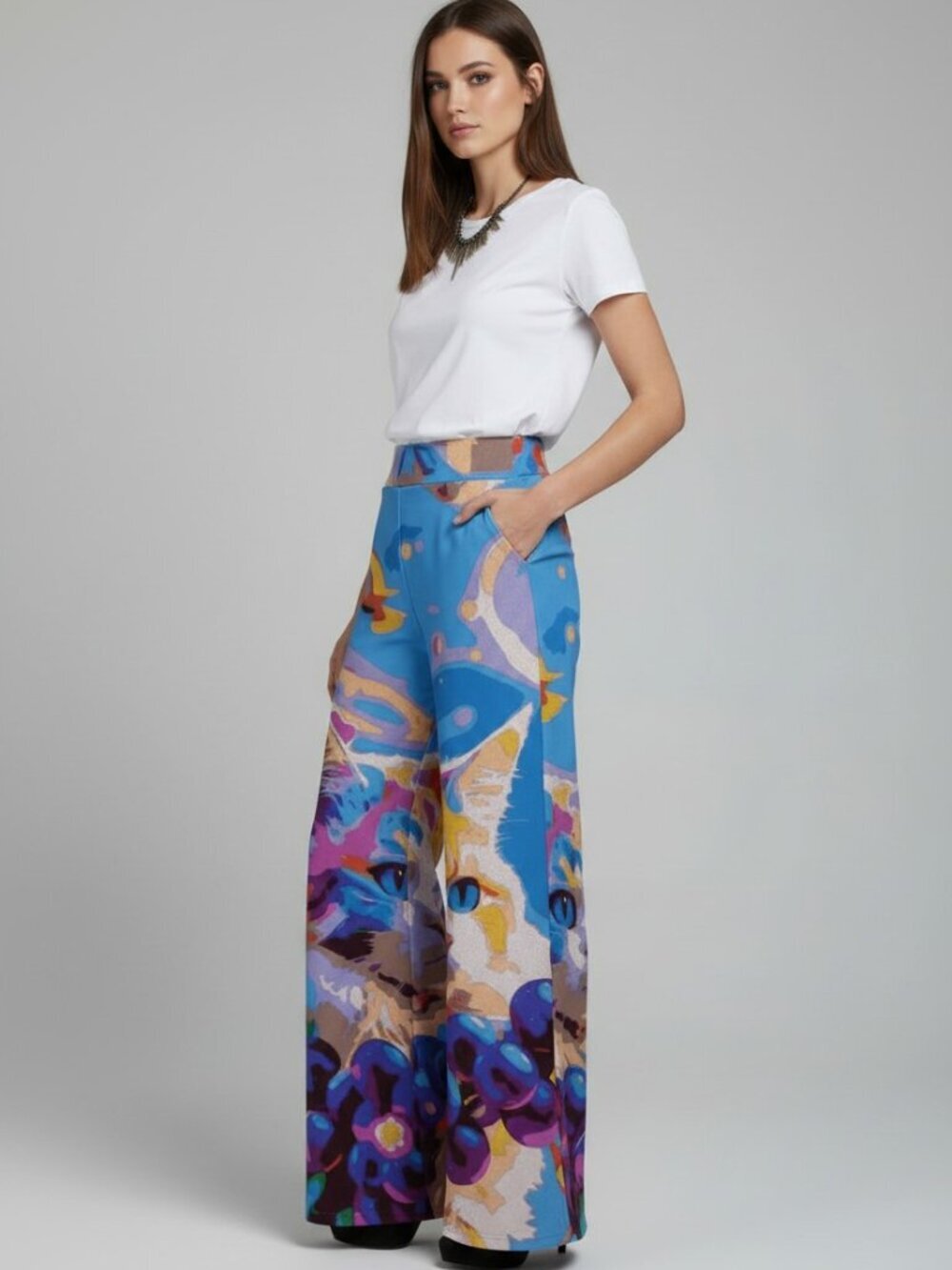 Pastel Nebula – 80s Fantasy Calico Cat, Retro Sci‑Fi Art — Sandrine Knit Pant